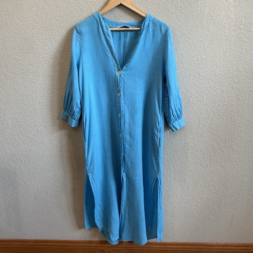 Zara Blue 100% Linen Maxi Dress XS Long Sleeve Cover Up • Missing Sleeve Button